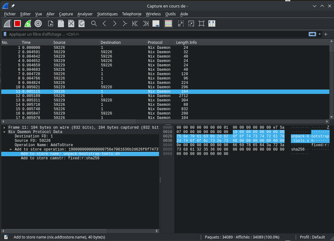 Screenshot showing a Wireshark window dissecting the Nix daemon protocol